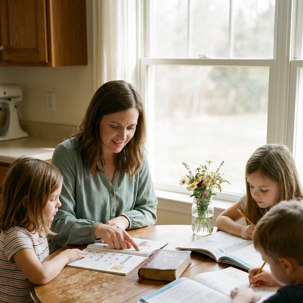 A homeschool mom teaching her children at the kitchen table