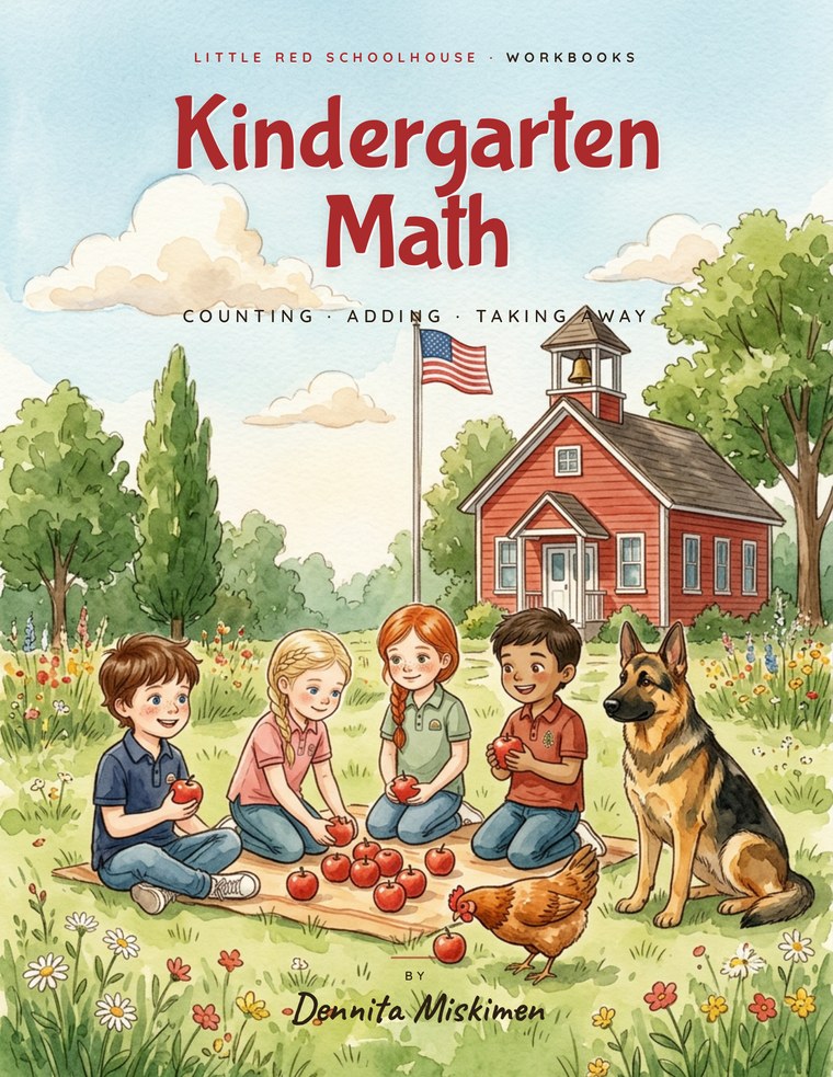 Kindergarten Math — Counting, Adding, Taking Away — a Little Red Schoolhouse workbook by Dennita Miskimen
