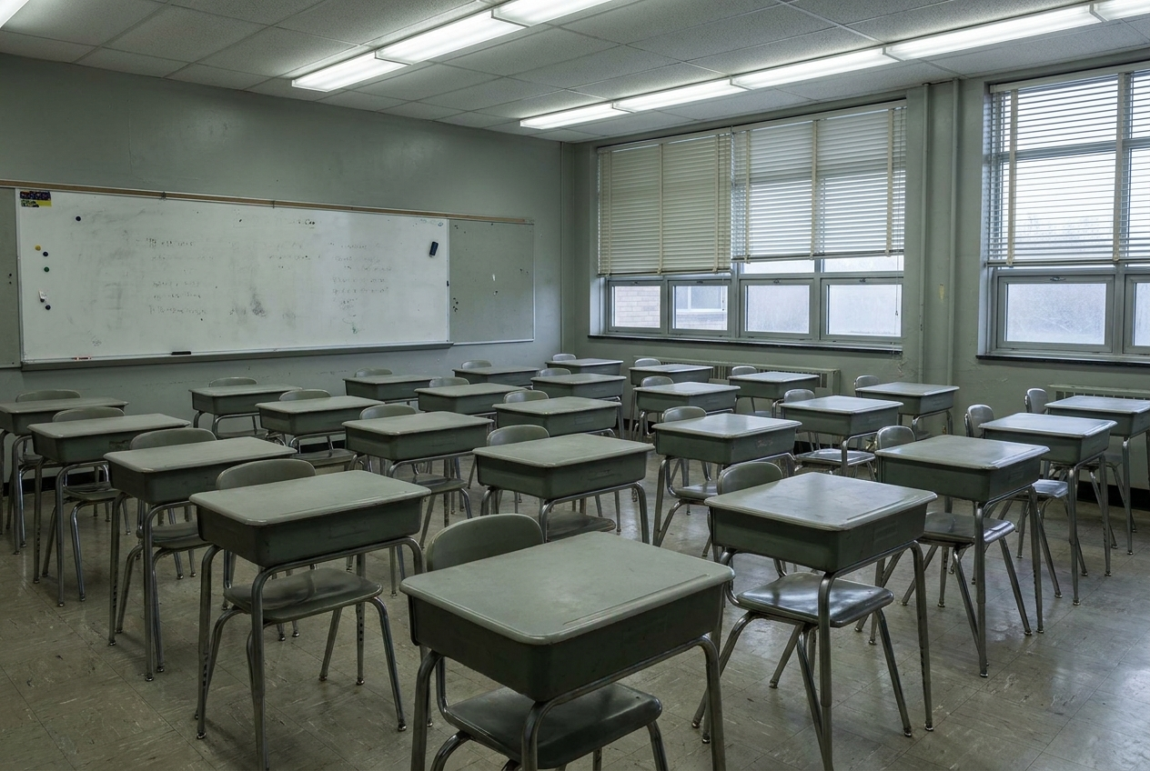 An empty, drab public school classroom under flat fluorescent light