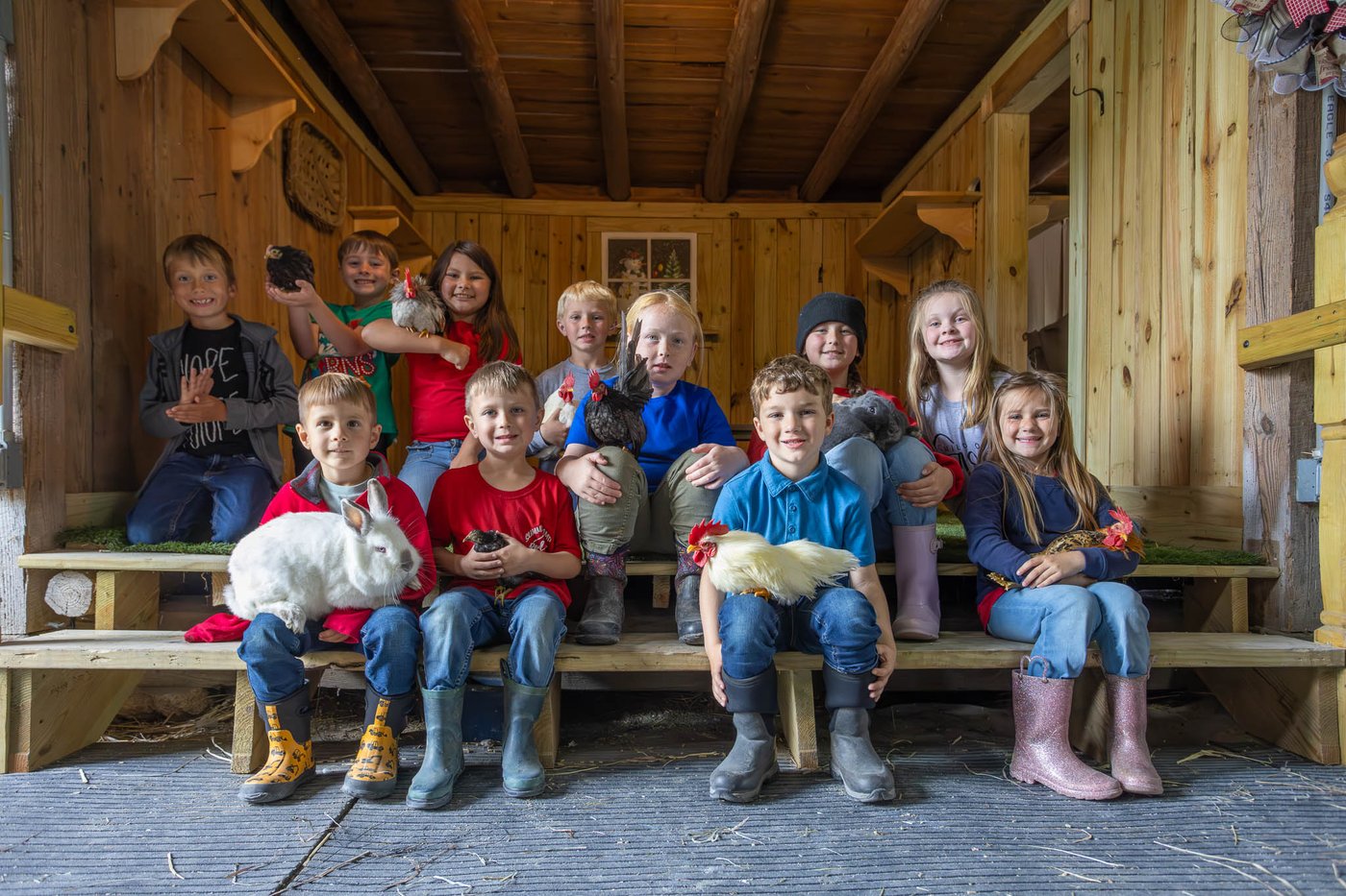 Children at a farm school holding chickens and rabbits